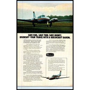 1974 Beechcraft Baron Private Plane Vintage Print Ad Save Fuel Time Money Decor